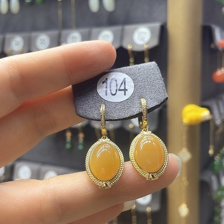 和田玉银S925镀金镶嵌耳饰