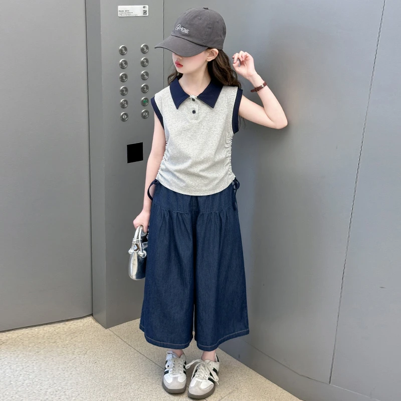 女童夏装套装2025新款儿童洋气薄款无袖Polo短袖夏季阔腿裤两件套