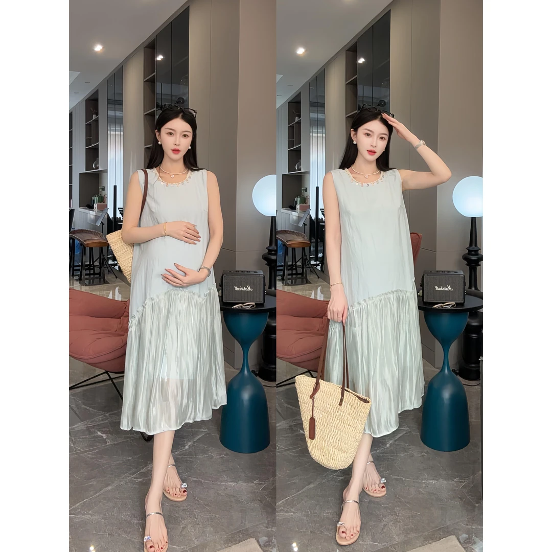 孕妇连衣裙2025夏季新款圆领手工贝壳无袖宽松拼接飘逸孕妇背心裙