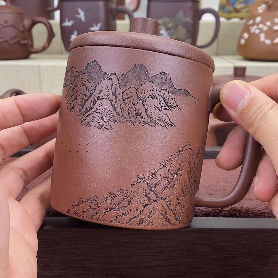 紫砂茶杯紫玉金砂山水杯