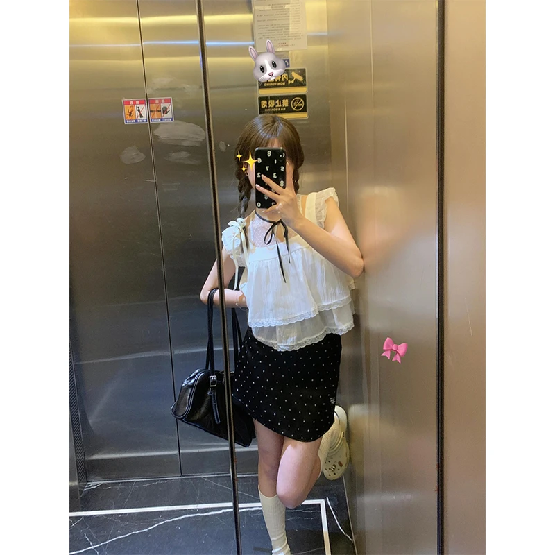 春游出行衣服高质感蕾丝花边短款小飞袖上衣高腰a字半身波点裙女