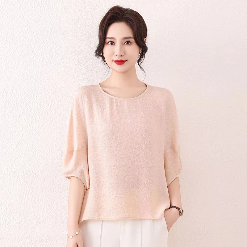 时尚百搭气质宽松简约纯色真丝圆领半袖女套衫131W9403