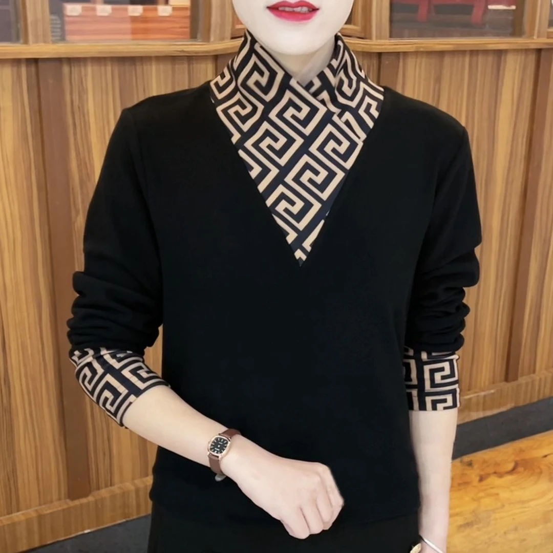 高领双面绒打底衫秋冬新款中年妈妈装洋气时尚保暖内搭拼接百搭潮