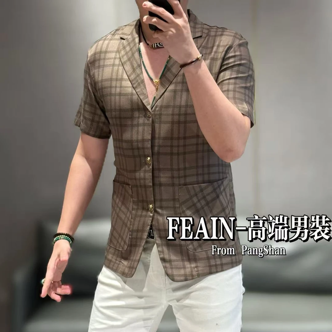 高端定制进口莱塞尔立体格纹设计短袖西装6668