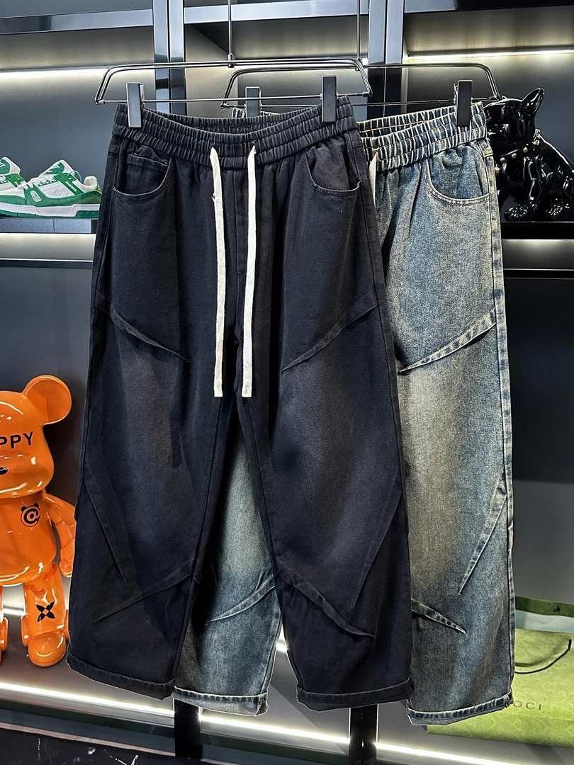 牛仔裤男秋季美式复古水洗做旧直筒裤个性拼接褶皱潮牌痞帅工装裤