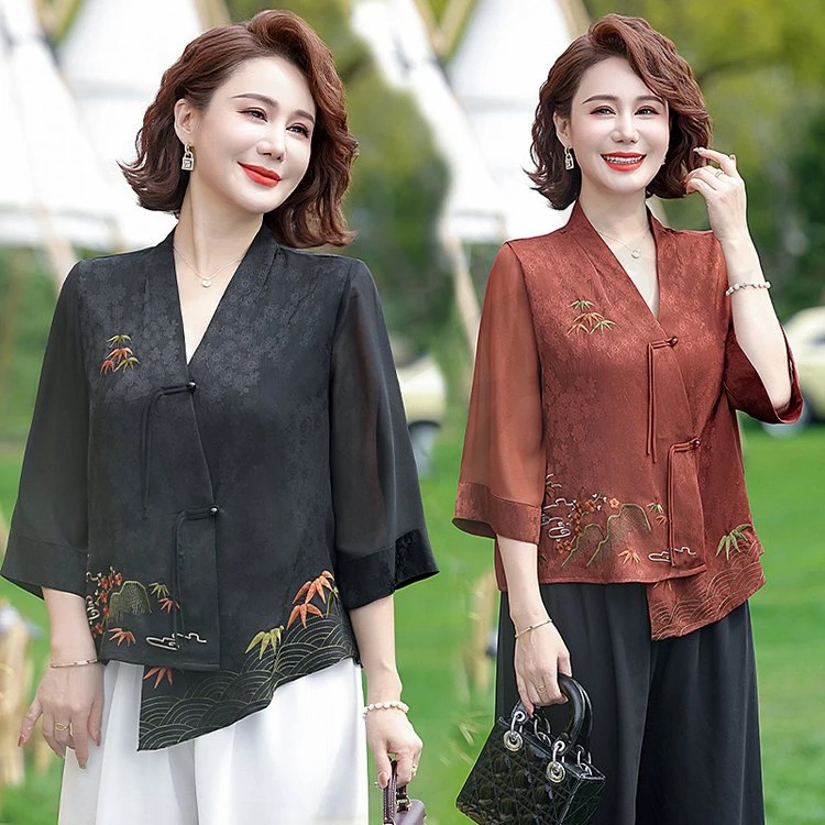 新款夏季宽松妈妈装气质中年外套时尚休闲套装长裙褶皱聚酯纤维常