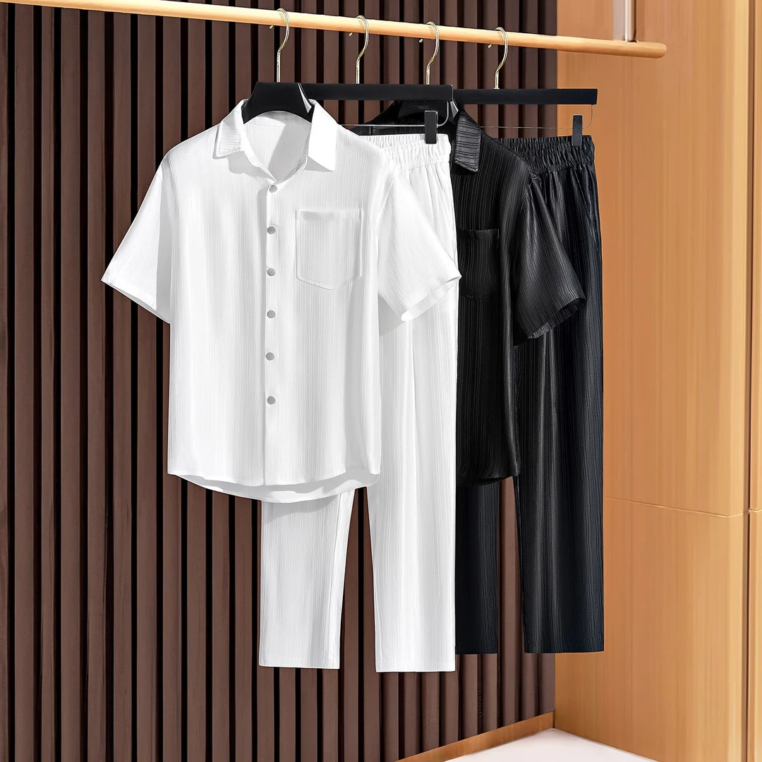 夏季真丝般垂顺冰丝肌理醋酸两件套男士宽松开衫短袖休闲运动套装