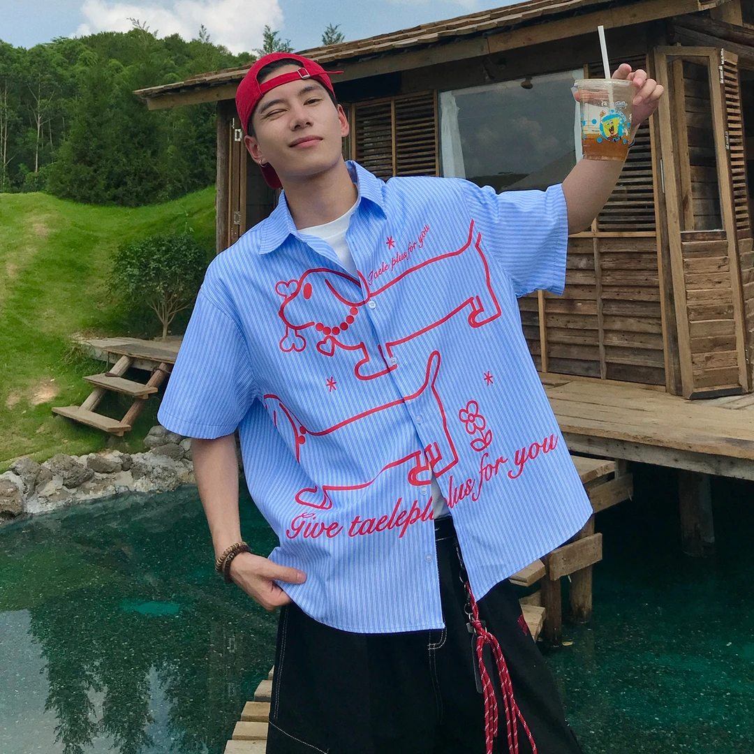 Holocene美式潮牌腊肠狗印花夏季短袖衬衫条纹蓝色潮流衬衣TP214