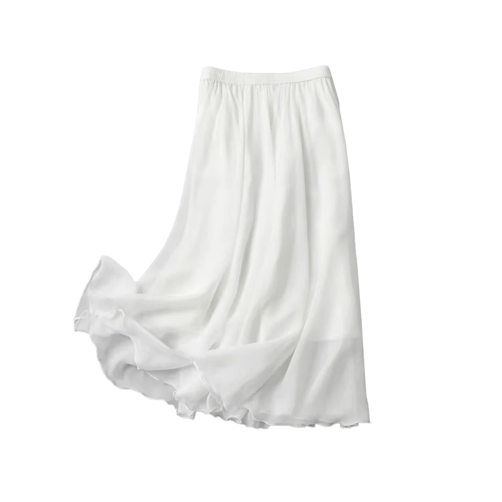 100满分桑蚕丝显瘦大摆裙高腰时尚白色夏季长款高腰时尚纯白半裙