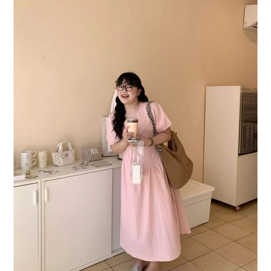 大码女装显瘦长裙新款法式时尚减龄短袖连衣裙女9735