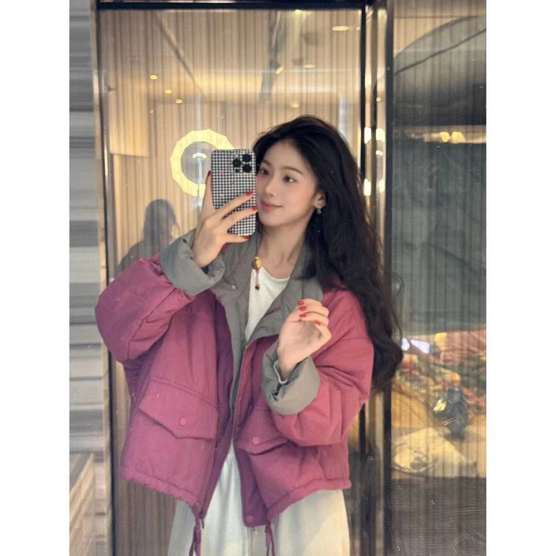 ZX548气质拼色立领小个子女秋冬季抽绳宽松显瘦百搭保暖面包服