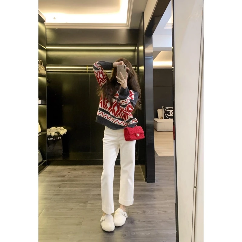 慵懒风撞色提花针织毛衣女2025秋冬新款复古高级感宽松针织外套