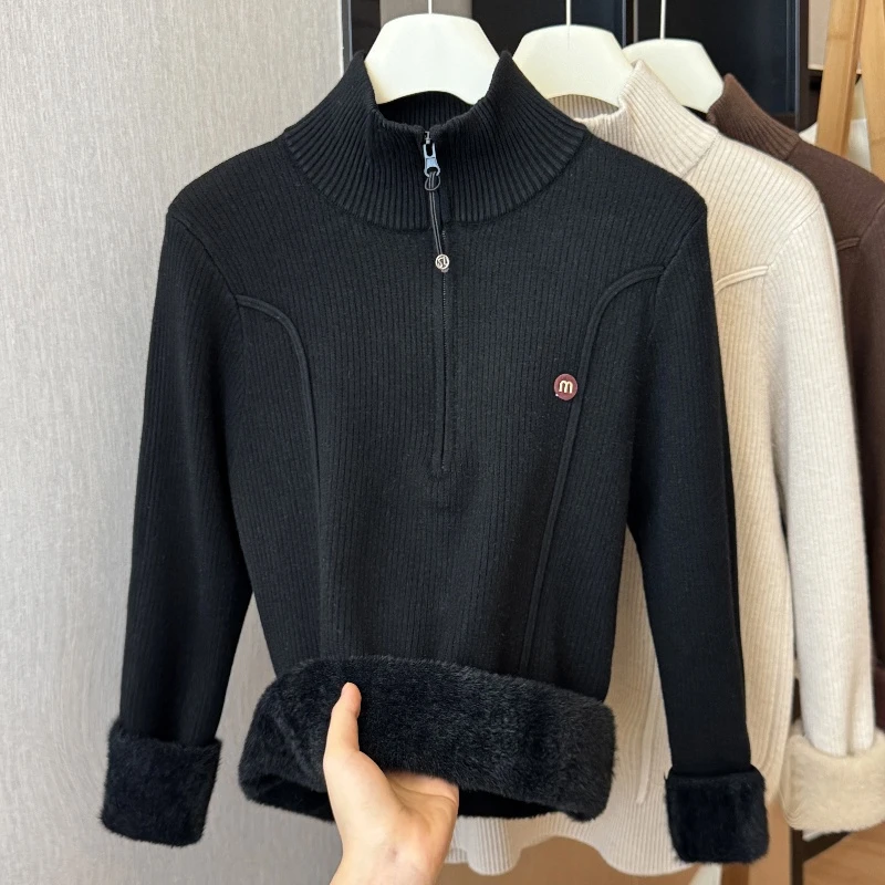 秋冬一体绒加厚保暖毛衣女新款半开领拉链针织打底衫修身内搭9272