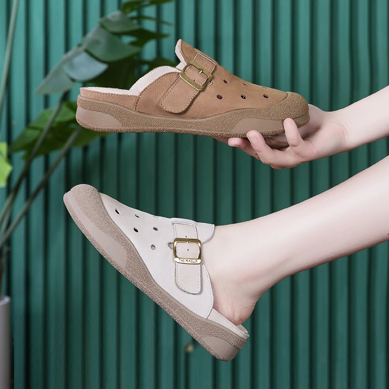 2025春夏新款包头半拖鞋女镂空透气洞洞鞋真皮勃肯鞋休闲凉拖女鞋