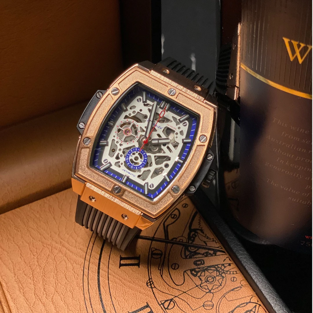 理查德酒桶型正品全自动镂空机械表潮流高档时尚防水胶带男士手表