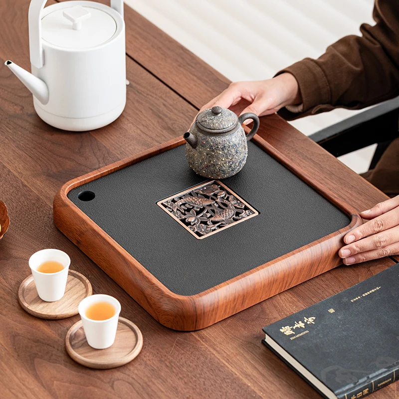 茶盘鱼戏荷塘小型沥水仿乌金石家用正方形茶托盘干泡盘（非实木）