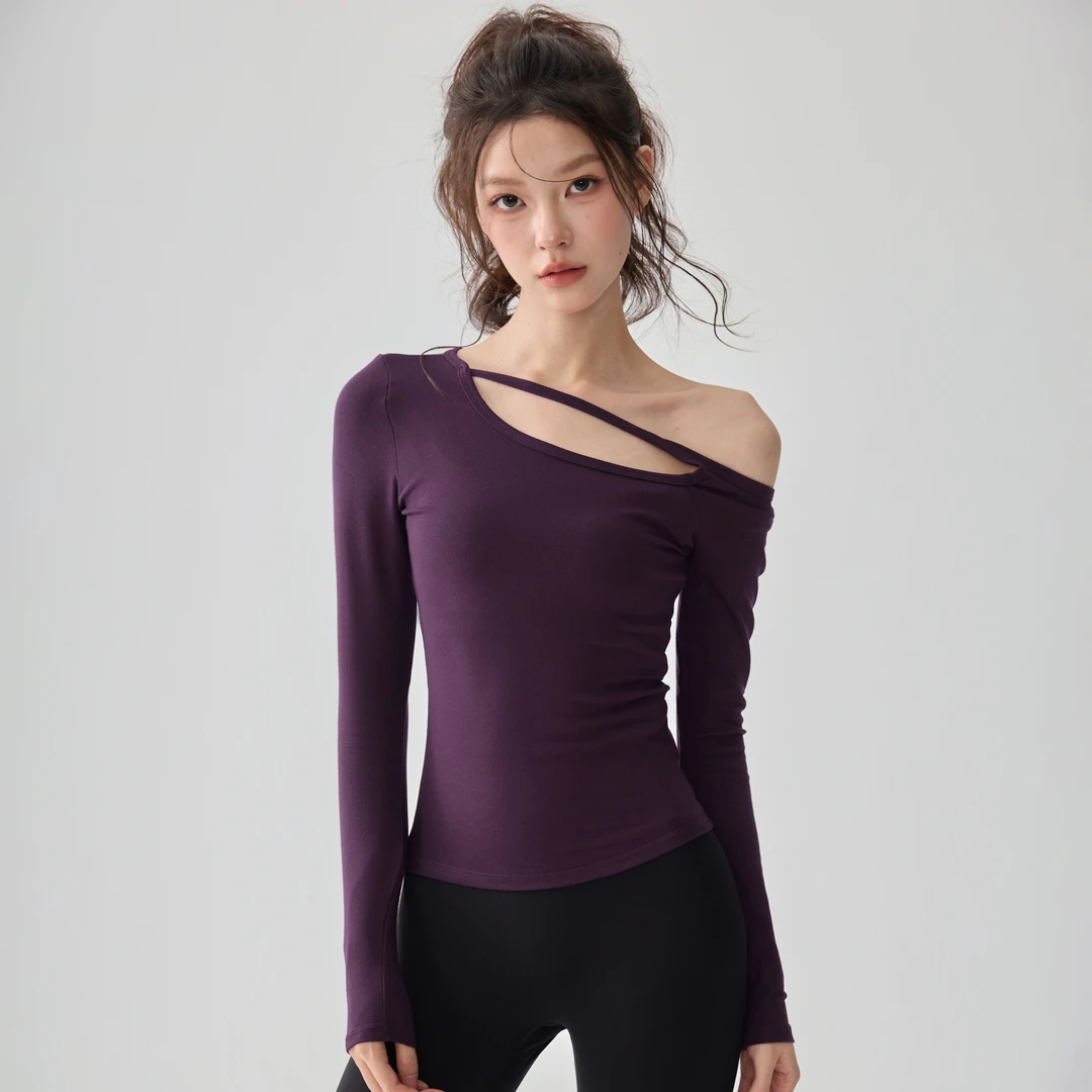 镂空斜肩瑜伽服女高弹紧身显瘦运动长袖打底衫跑步训练健身上衣秋