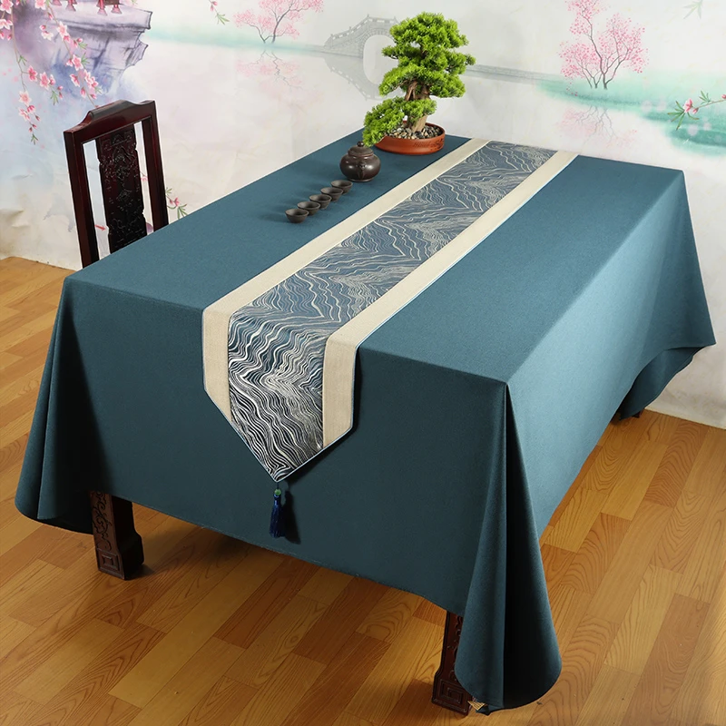 新中式茶桌布茶室禅意茶席防水桌布轻奢酒店会议室长条盖布餐桌布