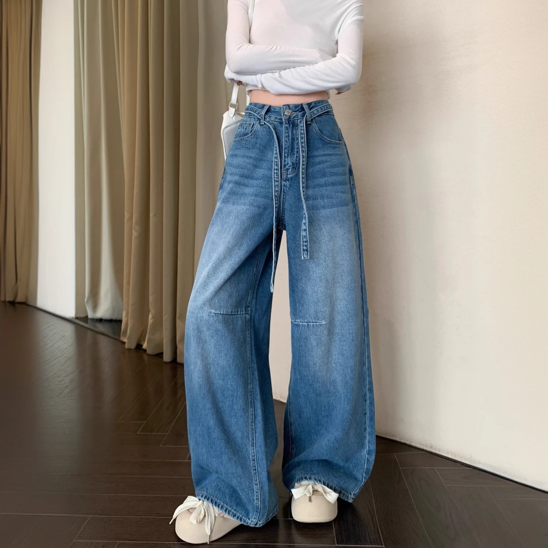 复古慵懒做旧水洗蓝色牛仔裤女春季新款高腰宽松阔腿裤长裤拖地裤