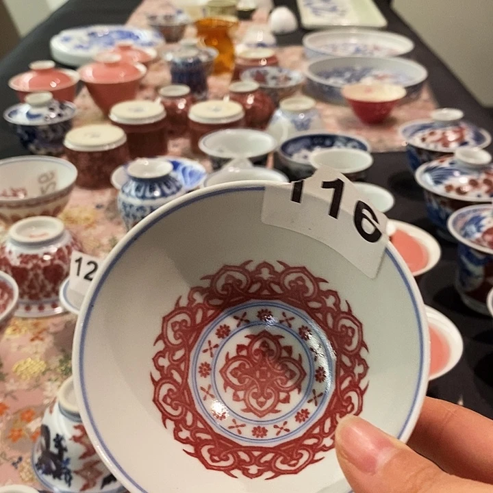 摆件陶鸡心杯釉里红