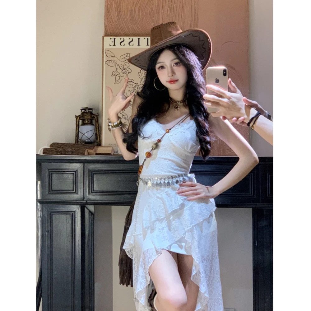 【no退no换】白蔷薇纯欲辣妹风不规则下摆开叉连衣裙浪漫氛围吊带