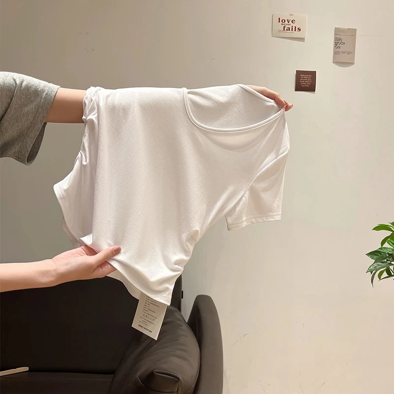 V领正肩短袖T恤女夏季新款时尚短款百搭小个子显瘦小众设计感上衣