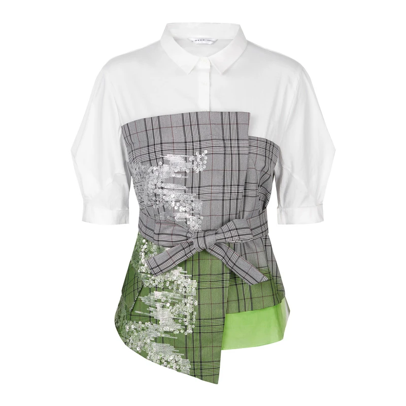 S·DEER圣迪奥女装翻领时尚格纹亮片收腰不规则短袖衬衫S21280417