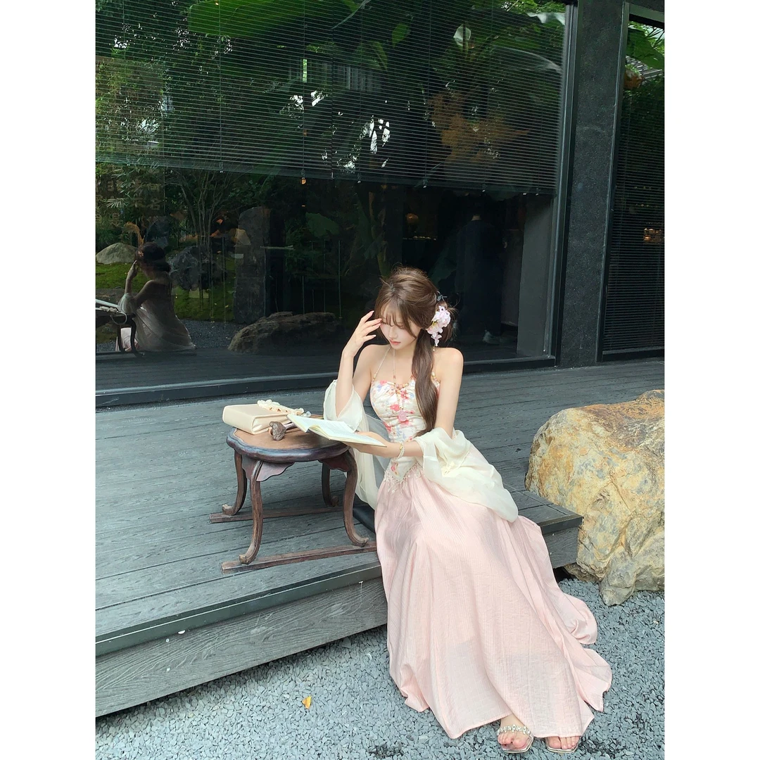 瑞茜·威瑟斯 粉豆蔻 夏季温柔显瘦仙气小众上衣长款半裙R1067-1T