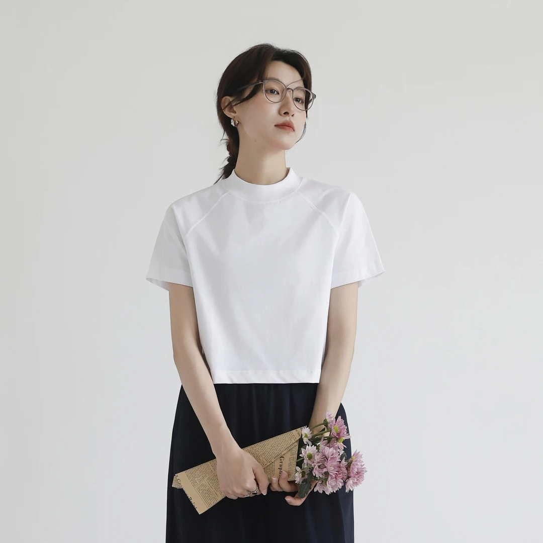插肩袖半高中领t恤女短袖简约通勤宽松休闲露脐短款T恤衫高腰上衣