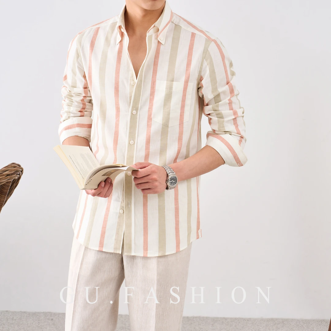 【100%棉】GU FASHION意式休闲扣领条纹长袖衬衫男士商务免烫衬衣