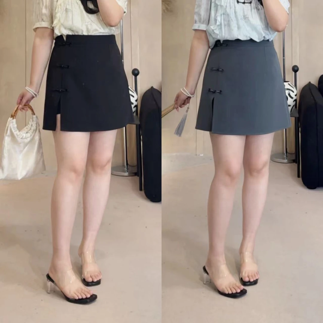 晶咕【浮世清欢-半裙】新中式盘扣侧开叉半身裙高腰短裙气质