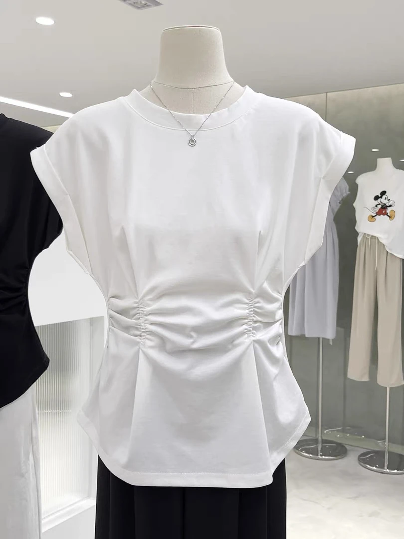 1599 夏季新款纯色独特别致褶皱修身设计短袖T恤上衣薄款雪纺衫潮