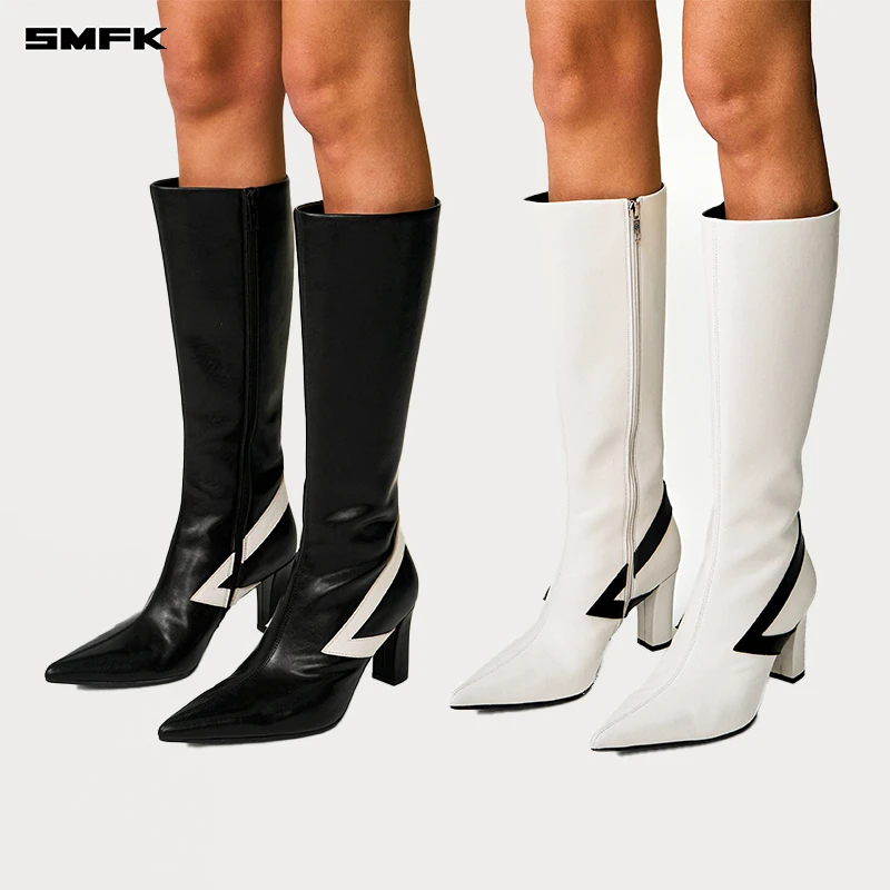 SMFK流星高跟靴 S0006B2 黑白撞色百搭时尚气质女士尖头长靴