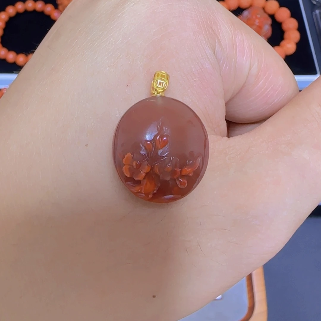 18K金镶嵌原料原矿花开富贵吊坠南红玛瑙4.6g