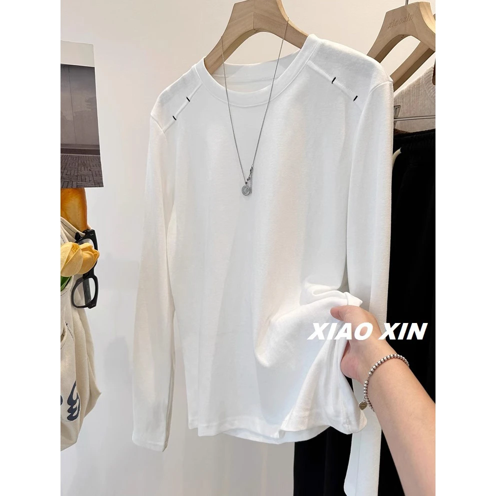 胖妹妹240斤大码韩系高级感刺绣雪花棉长袖上衣女春秋宽松打底T恤