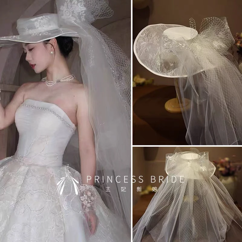 新品新娘法式复古抓纱礼帽头纱旅拍样片头饰结婚影楼拍照配饰道具