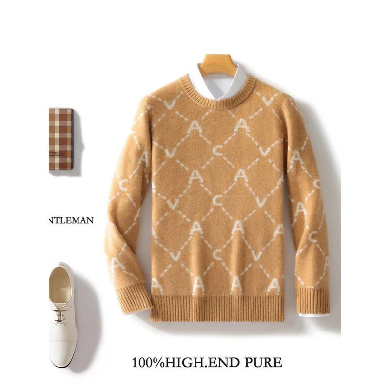 秋冬新款加厚100%纯羊绒衫男圆领套头针织毛衣休闲商务宽松羊绒衫