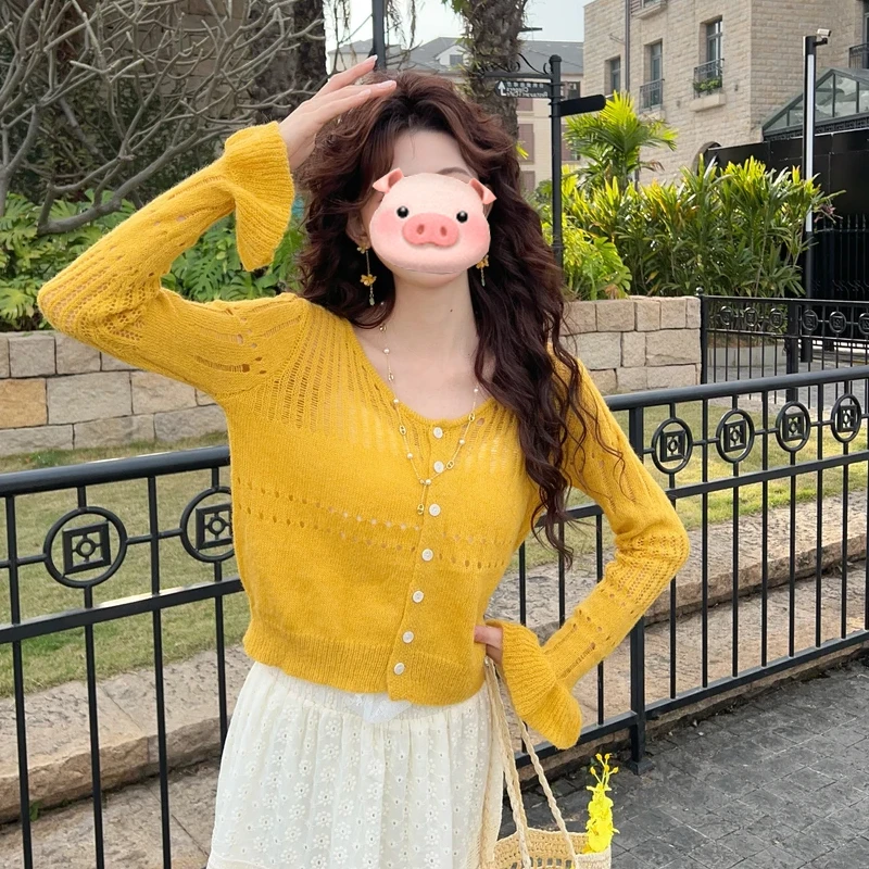 法式镂空黄色针织开衫女2025夏季新款小个子外搭短款防晒罩衫上衣