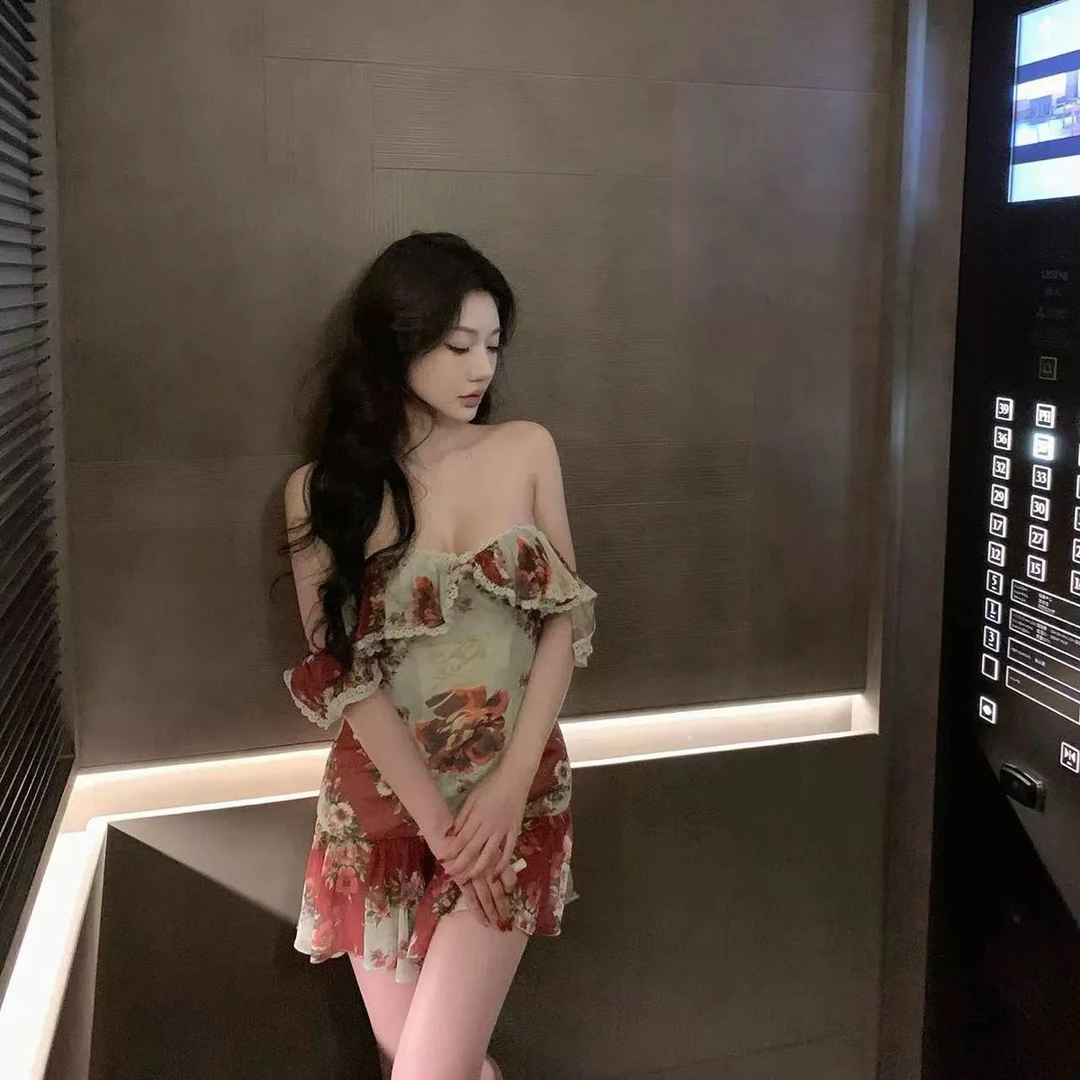 梦梦 MENGMENG｛花有约 新款气质收腰显瘦一字肩连衣裙}