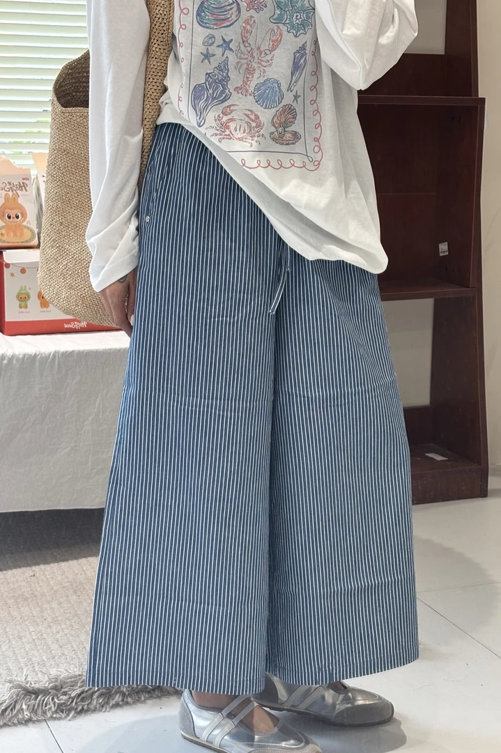 【Onai】夏季休闲裤条纹外穿牛仔显瘦高腰薄款阔腿裤7539