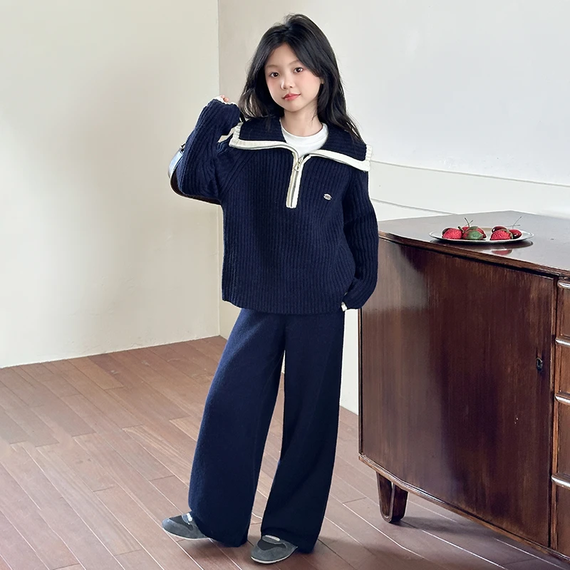 女童韩系毛衣裤子套装2025秋季新款时尚潮流可爱网红中大童大翻领