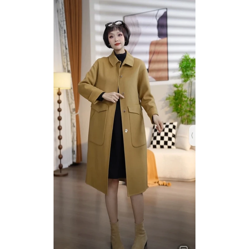 F98 秋冬气质时尚翻领韩版中长款百搭双面呢大衣