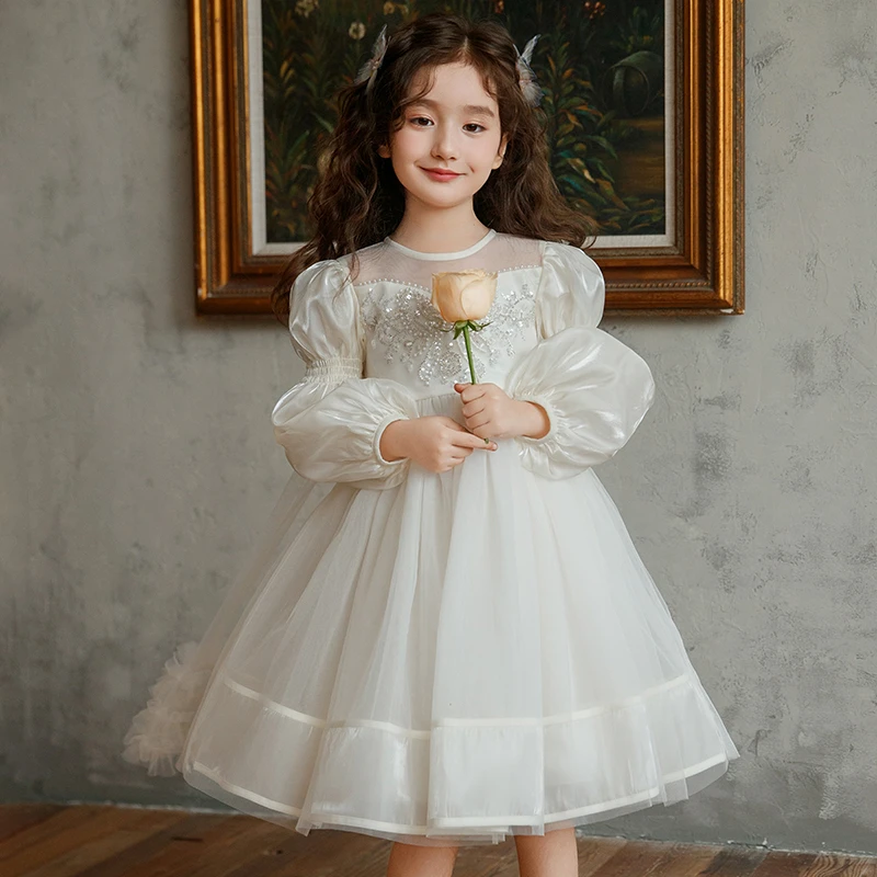 女童秋装高端拖尾公主裙子 2025秋季新款生日礼服蓬蓬女孩连衣裙