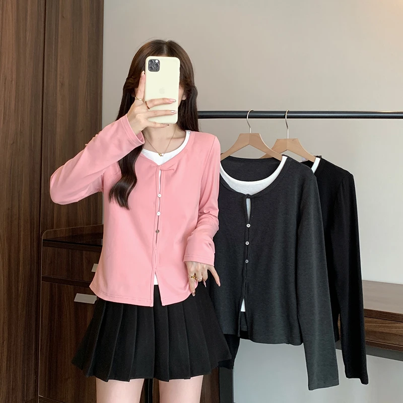 2025秋装新款胖mm大码女百搭休闲撞色假两件长袖上衣36068