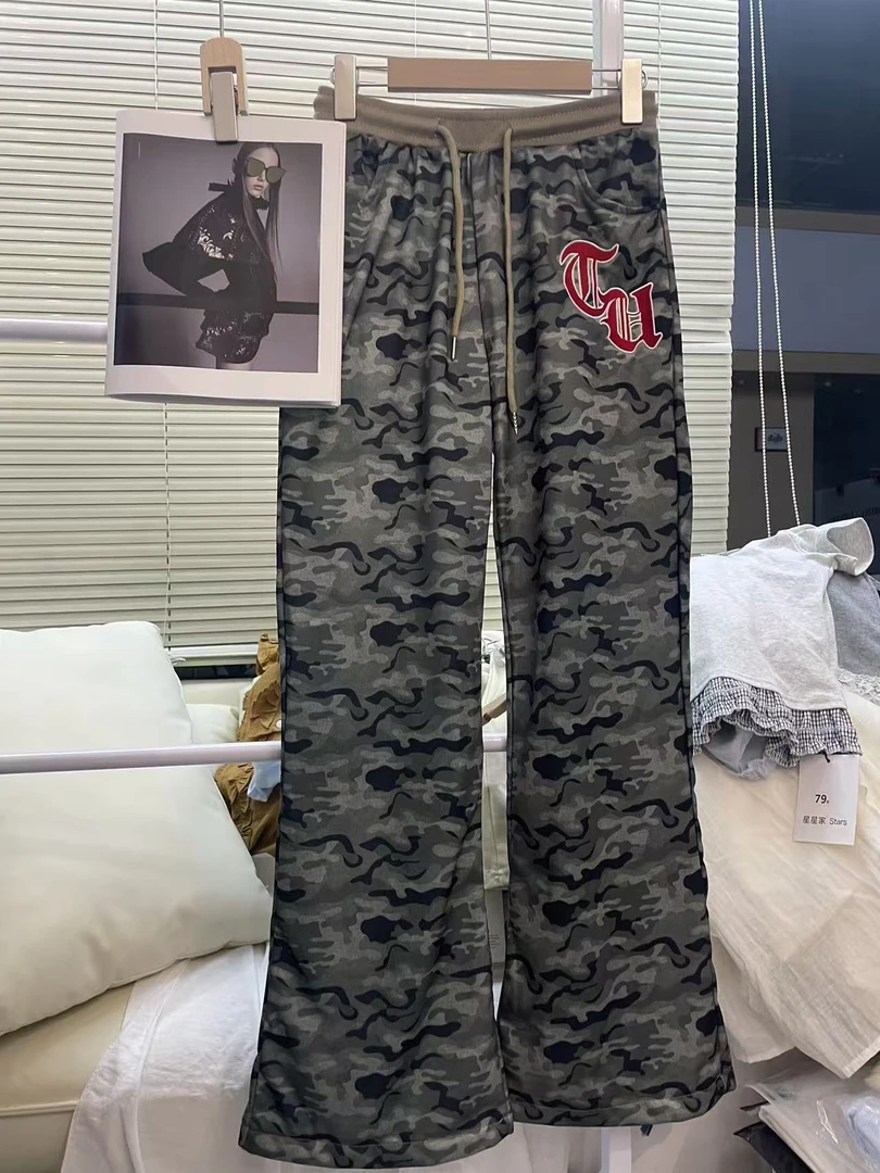 美式复古迷彩抽绳卫裤休闲裤2025夏季新款辣妹休闲显瘦修身长裤潮