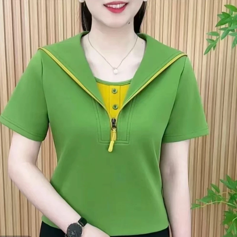 2025新款T恤假两件海军领百搭洋气休闲减龄夏季短袖