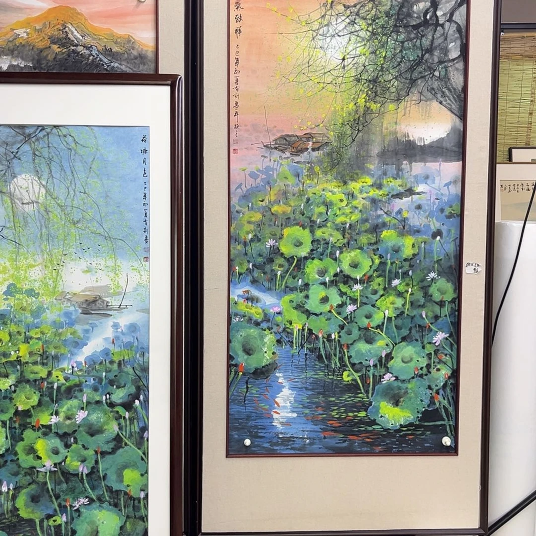 用***4国画手绘国画，精品荷塘，李有训，带框包邮