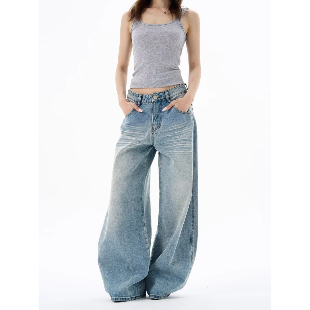 美式高街复古刺绣牛仔裤女夏季新款设计感宽松高腰直筒阔腿裤裤子