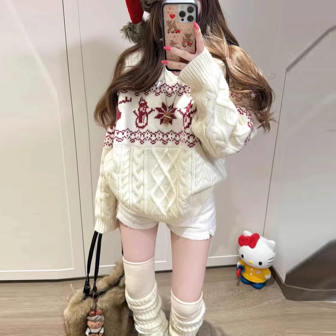 复古费尔岛圣诞氛围感提花圆领毛衣女2025秋冬新年宽松保暖针织衫