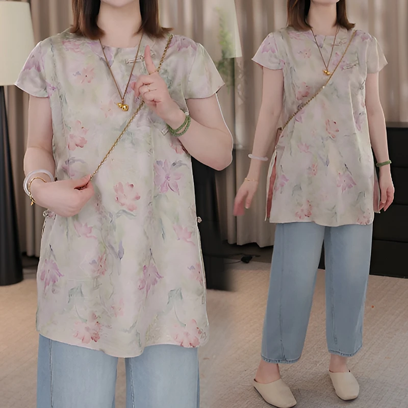 新中式国风女装2025新款夏季高级感圆领盘扣印花独特漂亮减龄上衣